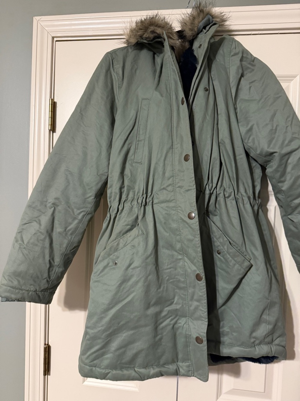 LOFT Sage Green Hooded Puffer Coat with Faux Fur Trim